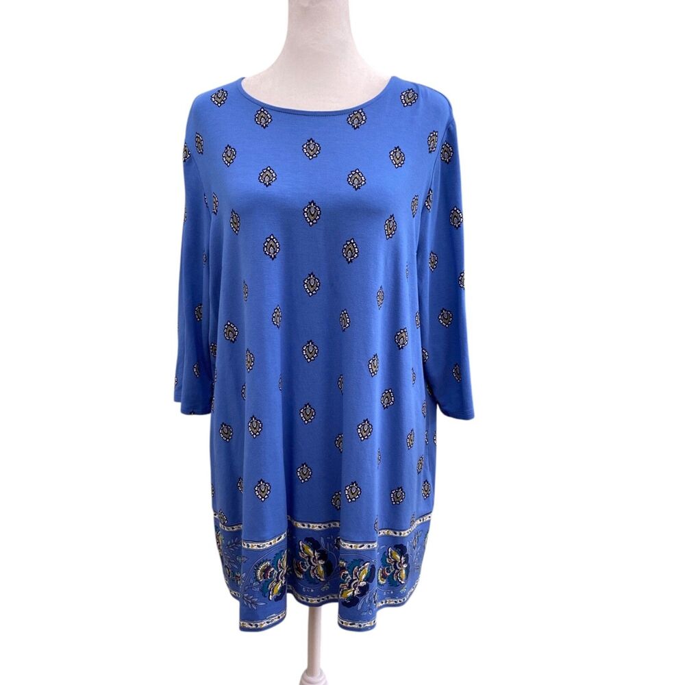 J Jill Top Womens Large Blue Tunic Length 3/4 Sleeve Stretch Boho